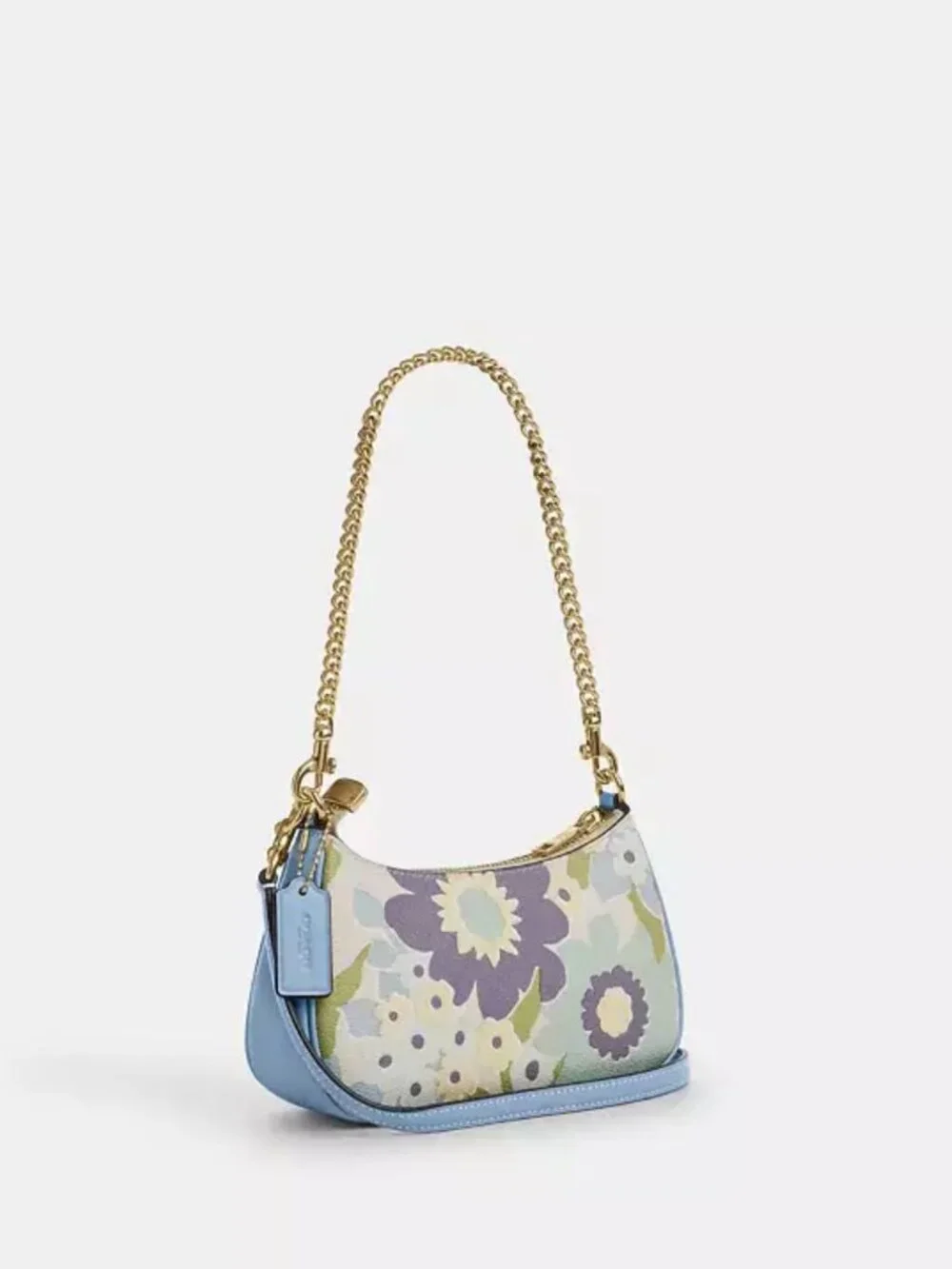 COACH teri mini crossbody bag with floral print. gold/blue bell multi.